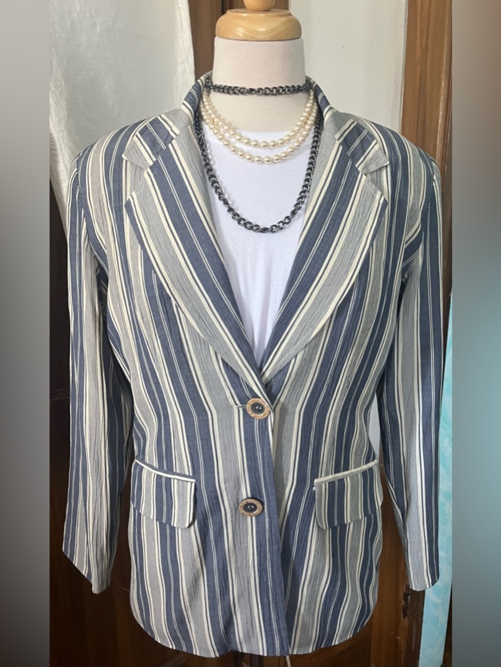Vintage “Candy” Blue and Cream Striped Blazer